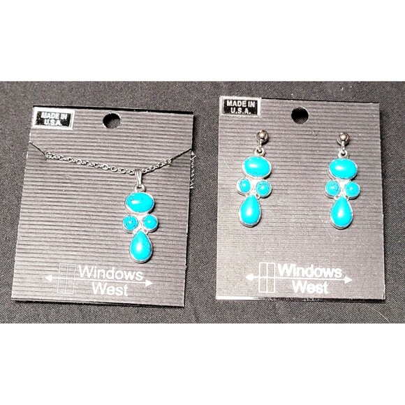 Windows West Jewelry - Windows West Turquoise Silver Metal Teardrop Dangle Pierced Earring/Necklace Set